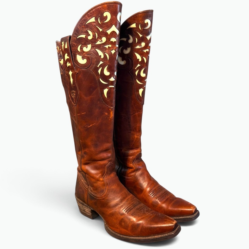 Ariat Womens Brown Leather Filigree Cutout Tall Over Knee Western Boots Size 9B